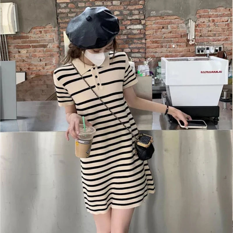 

2021 Summer women dress casual thin stripe straight loose short sleeve ice silk turn down collar ladies female dress