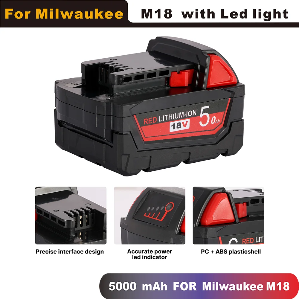 

18V 5Ah 5000mAh Li-ion Tool Battery for Milwaukee M18 48-11-1815 48-11-1850 2646-20 2642-21CT Repalcement Rechargeable Batteries