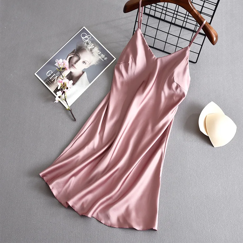 Summer Suspender Nightdress Women Ice Silk Sexy Home Wear Women's Silk Satin Imitation Pure Color Nightdress with Breast Pad