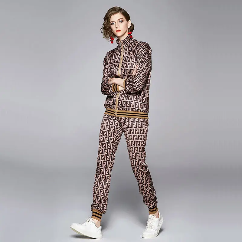 

Sports and leisure suit 2021 spring and autumn new stand collar Baseball Jacket and leggings print two piece set