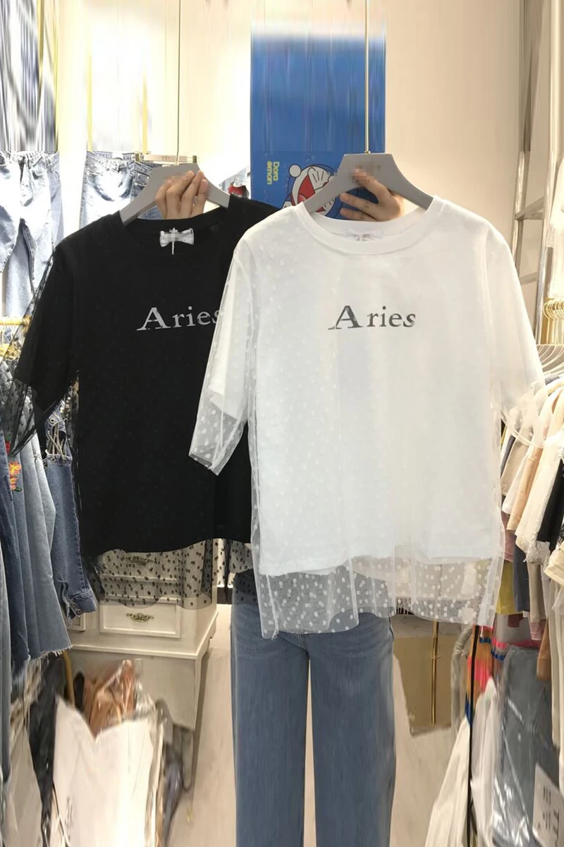 

Graphic-Tops Stitching lace lettering Interesting Blazer Minimalism Women Casual Tee DM001
