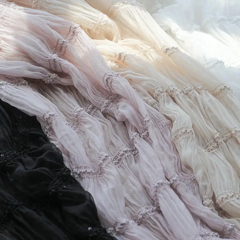 

Chiffon Hook Embroidered Striped Wrinkled Fabric Fairy Style Wedding Dress Stretch Tulle Fabric By the Meter