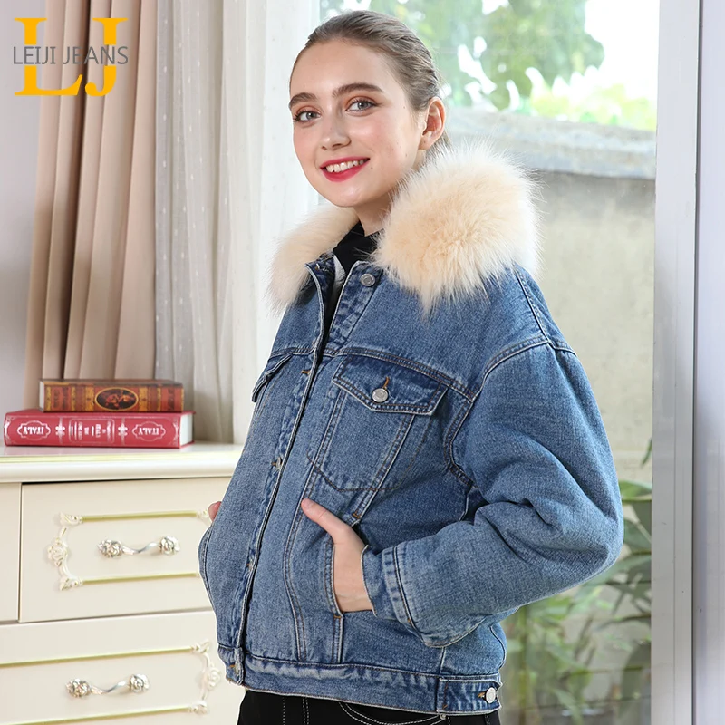 Женская теплая джинсовая куртка LEIJIJEANS повседневная с большим меховым воротником
