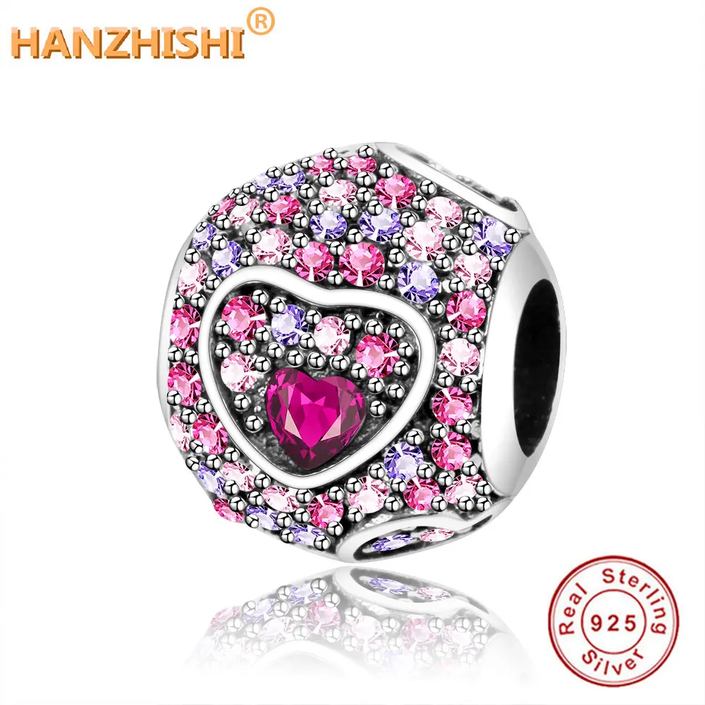 

Fit Original Pandora Charm Bracelet 925 Sterling Silver Hearts of Love Round Bead Charm Red & Pink CZ Purple Zircon DIY Jewelry