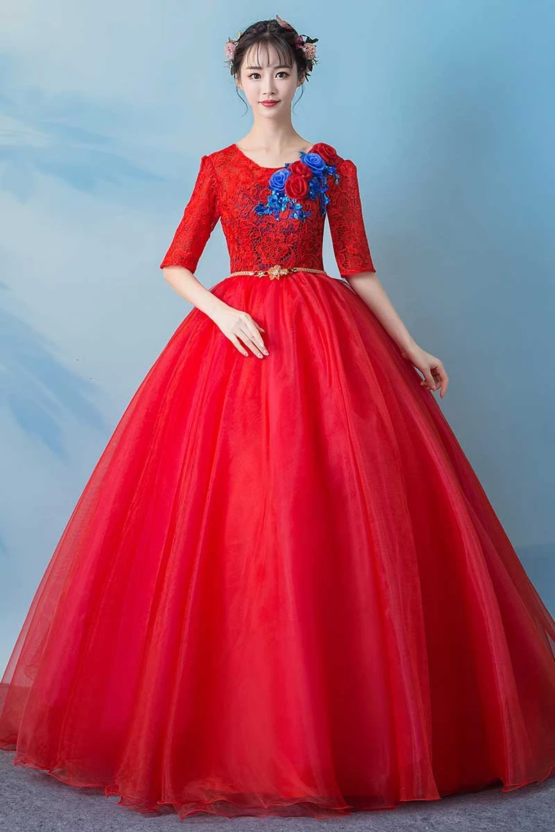 

Lace Quinceanera Dresses O neck Sweet 16 Dress Prom Ball Gowns Floral Appliqued Half Sleeves Party Prom Gowns Quinceanera Elbise