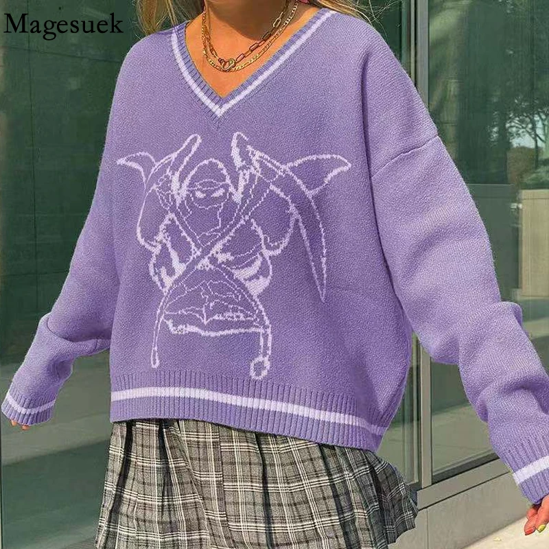 

Свободный джемпер с V-образным вырезом, вязаные пуловеры, модная уличная одежда с принтом, Свитер оверсайз, Женский Повседневный вязаный осе...