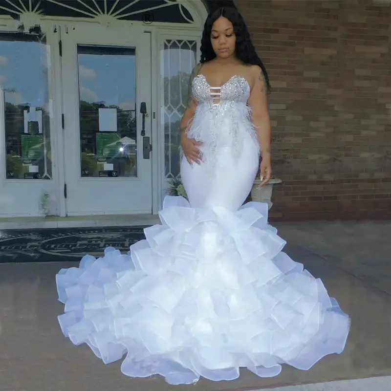 

Plus Size Feather Wedding Dresses Bride Gowns 2021 Tiered Skirts African Lace Beading Nigerian Sweetheart Applique vestido de