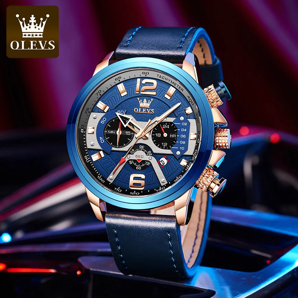 

OLEVS Watch for Men New Casual Sports Chronograph Leather Wristwatch Big Dial Quartz Clock with Luminous Pointers Men's Watches