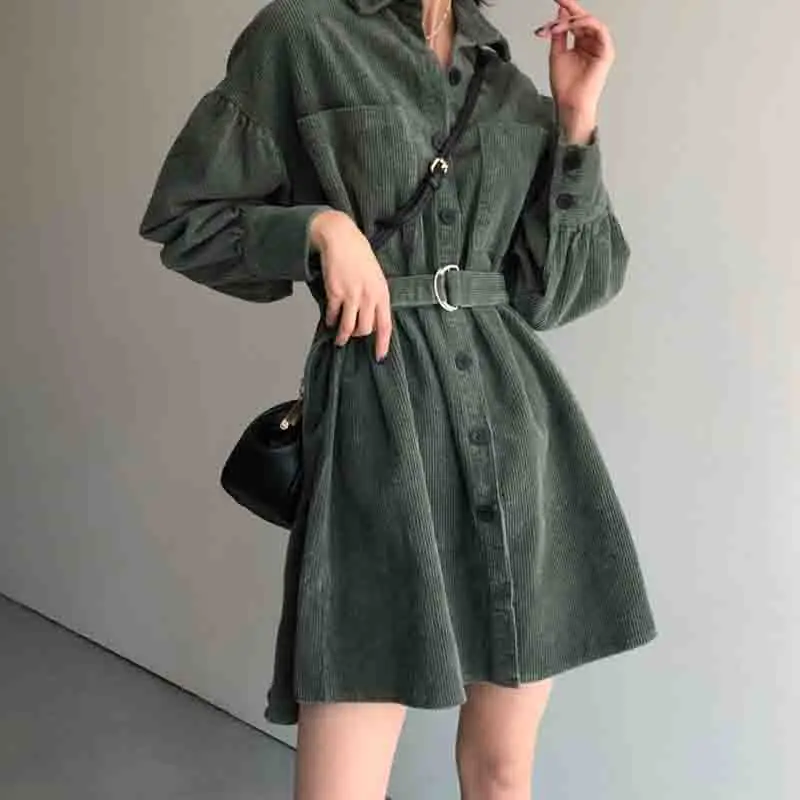 

Fashion Retro Green Solid Corduroy Thicken 2020 Women Plus Size Sashes Autumn Chic Office Lady Streetwear High Waist Dress