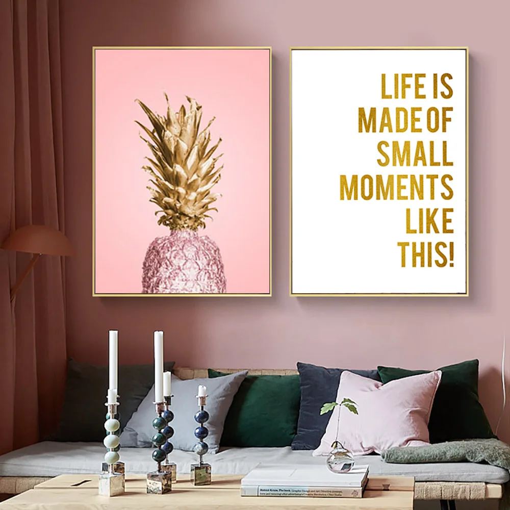 Ананас холст розовый постер с цитатой настенный принт скандинавский Золотая