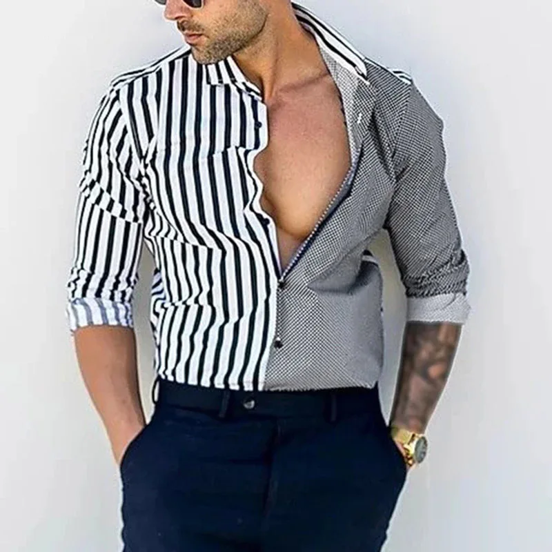 

Men Clothing 2021 New Summer Striped Cotton Slim-fit Youth Casual Gray Lapel Shirt Camisas Para Hombre