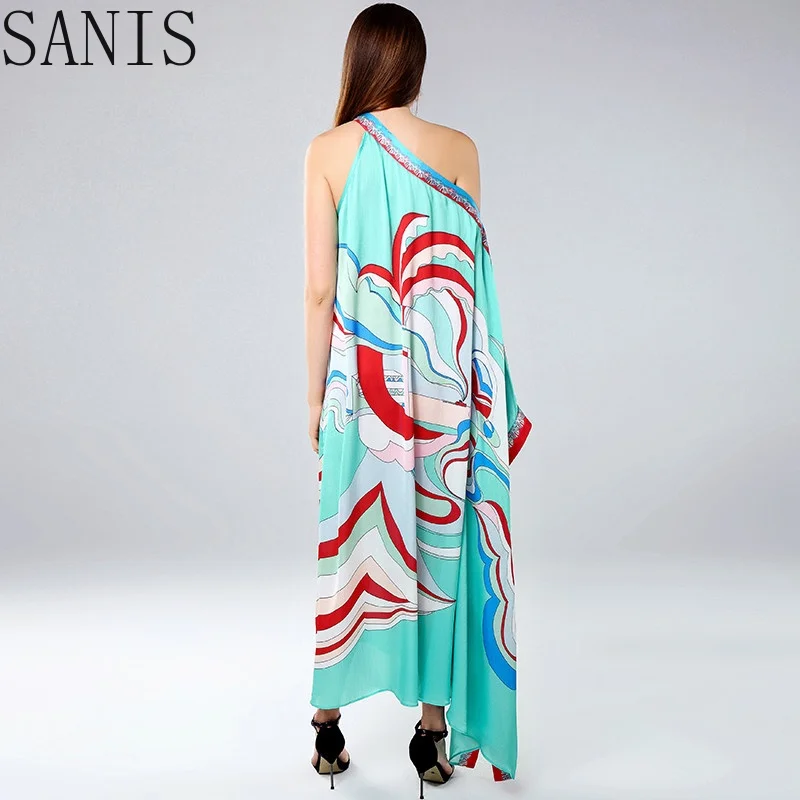 

SanisFashion Designer Runway Dress Spring Summer Women's One-Shoulder Batwing Sleeve Abstract Printing Loose Beach Dresses