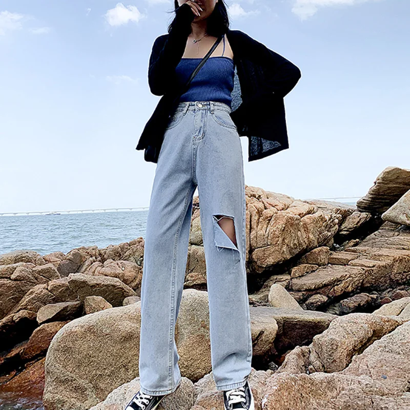 

2021 Spring Women Ripped Wide Legs Jeans Lady Students Denim High Waist Length Pants Female Streetwear Cropped Straight Trousers
