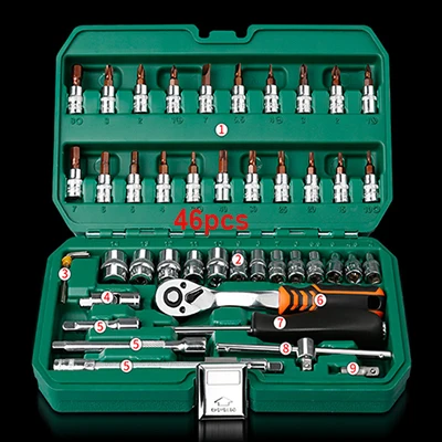 46pcs set Набор ручных инструментов, универсальный бытовой Автомобильный ремонтный набор инструментов с пластиковым ящиком для инструментов, чехол для хранения, торцевой ключ, отвертка - Цвет: 46pcs set
