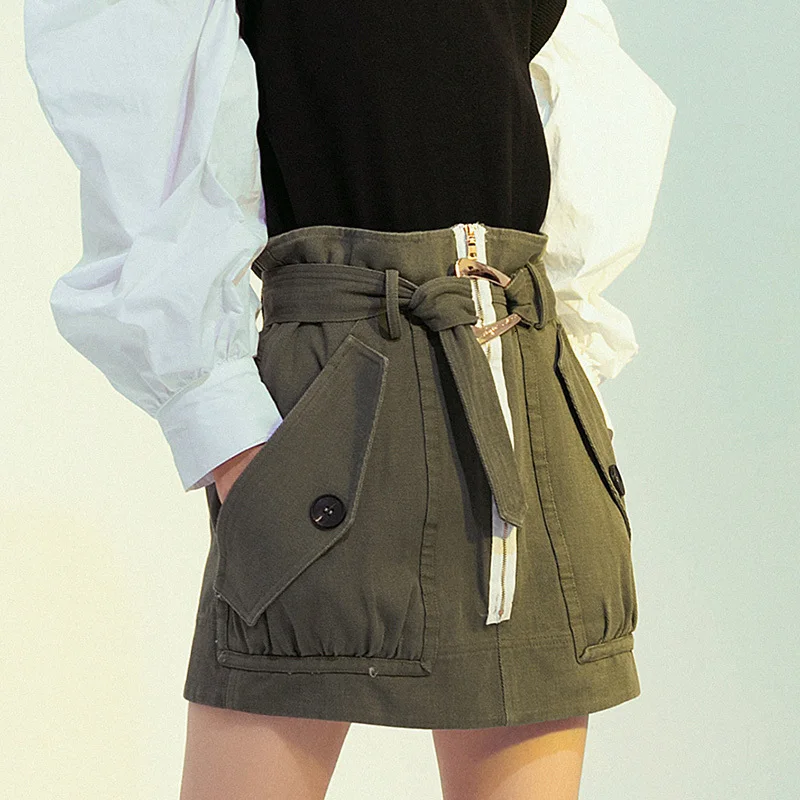 

SISPELL Patchwork Buttons For Female Shorts High Waist With Belt Loose Pure Color Women's Skirt Fashion Autumn Streetwear 2021