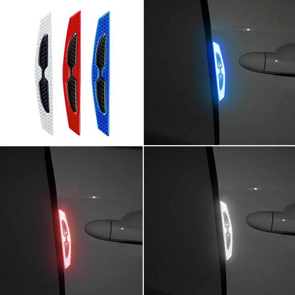 

4pcs Carbon Fiber Pattern Car Tuning Door Anti-Collision Strip Reflective Stickers Security Protection Universal Car Accessories