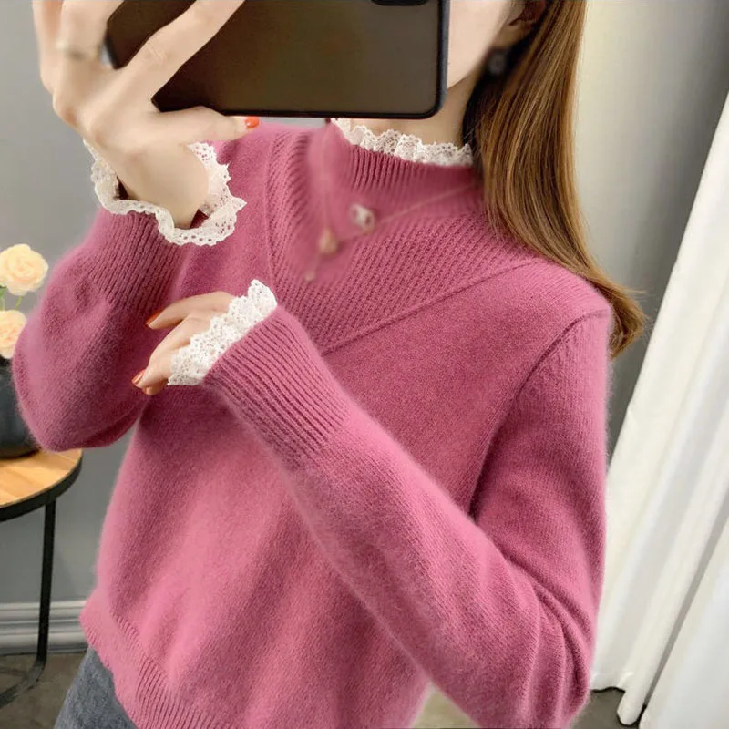 

Women 2021 Fashion Soft Touch Loose Knitted Sweater Vintage New Fall Half High Neck Long Sleeve Female Pullovers Chic Tops Pink
