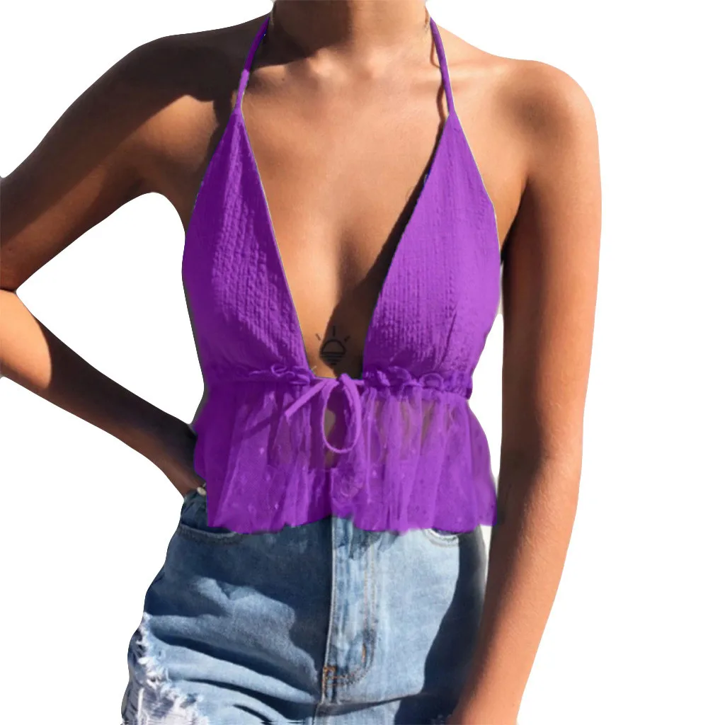 Женский сетчатый canisole сексуальный чистый цвет с открытыми плечами открытая