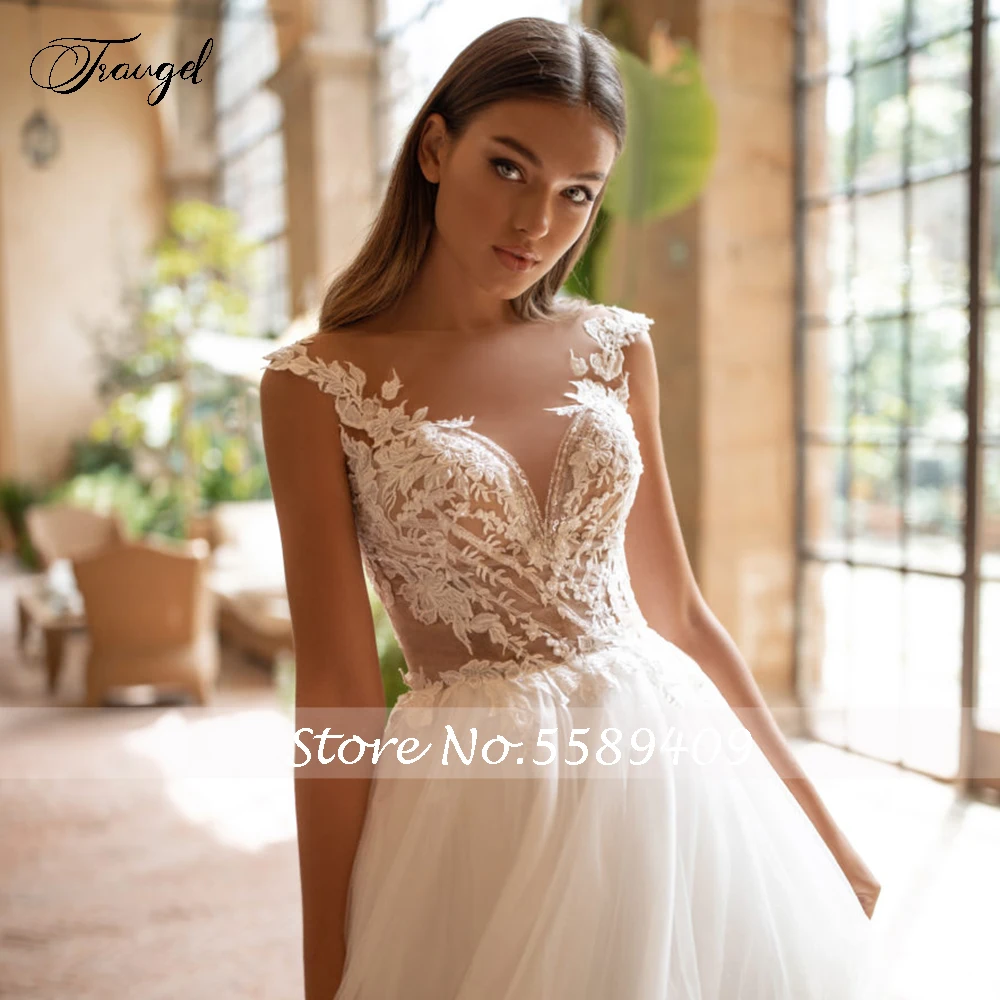

Traugel Illusion Scoop A Line Lace Wedding Dresses Elegant Appliques Cap Sleeve Bride Dress Chapel Train Wedding Gowns Plus Size