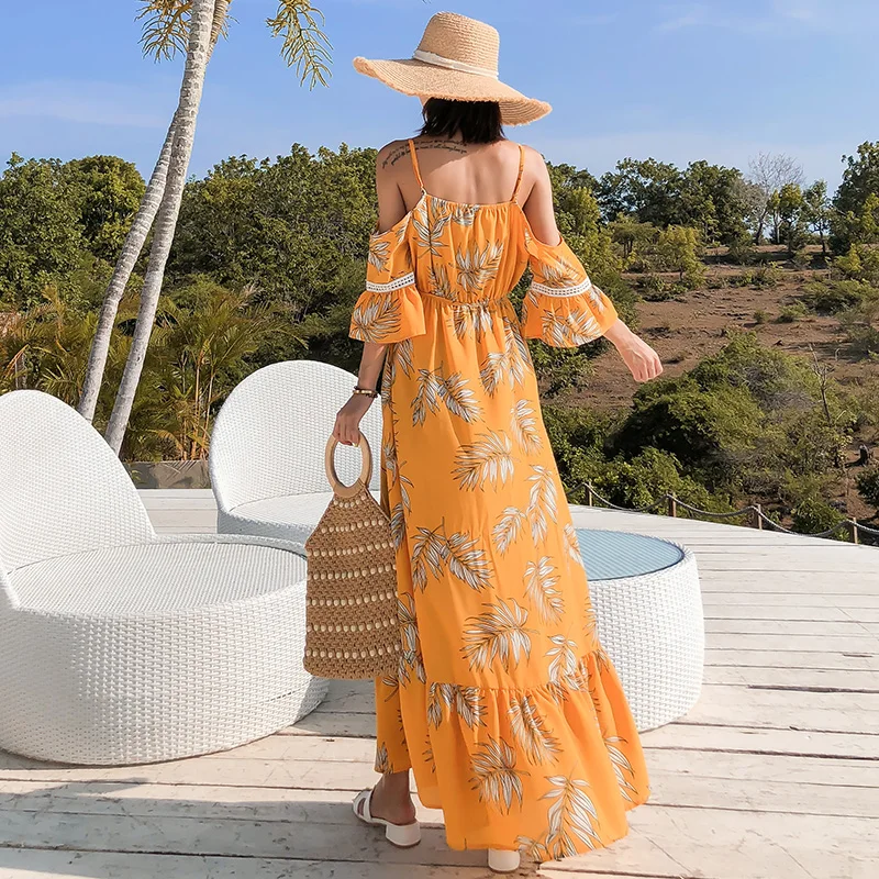 

Bohemia Style V-neck Off Shoulder Fit and Beach Dress 2019 Summer New Print Spaghetti Strap Ankle-length Dress Female Vestidos
