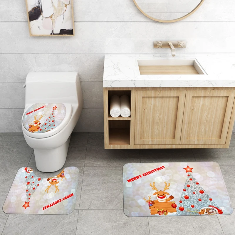 

4 Pcs Set Christmas Tree Elk Print Base Rug + Bathroom Mat and Waterproof Shower Curtain, Non-Slip Toilet Cover Mat Set