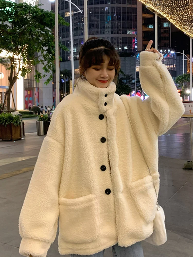 Lambs coat women's new single row black button Mock Neck granular sweater warm woolen in autumn and winter 2019 women | Женская