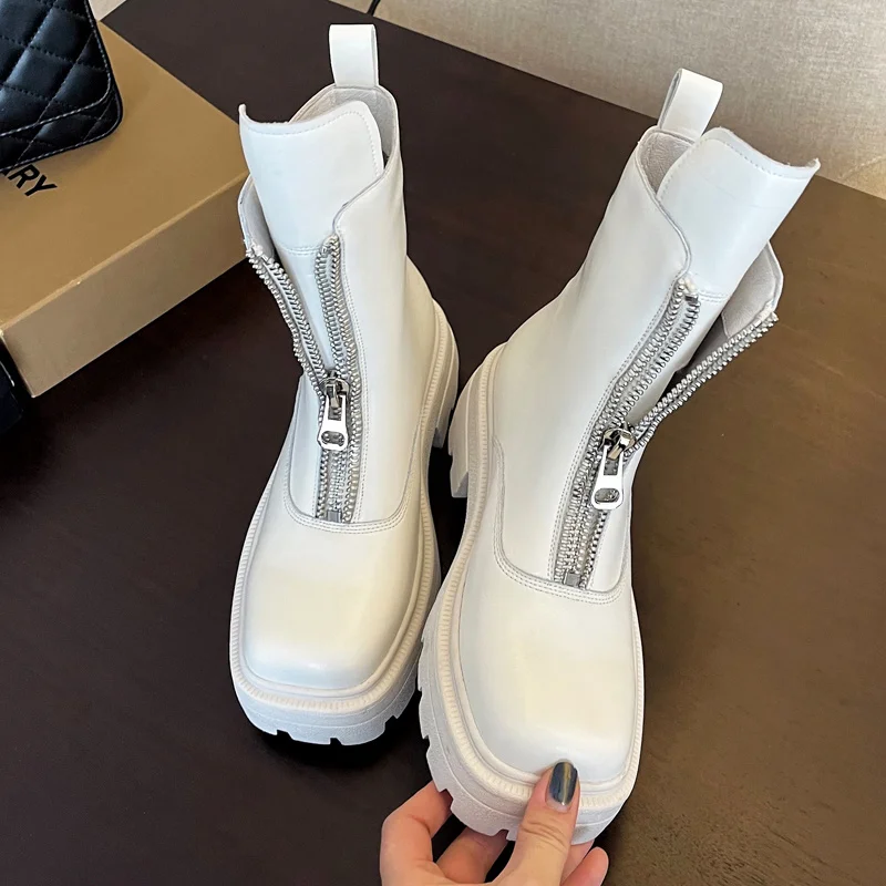 

Shoes Platform Woman Front Zipper White Genuine Leather Ankle Booties British Style Chelsea Boots Big Head Martin Boot