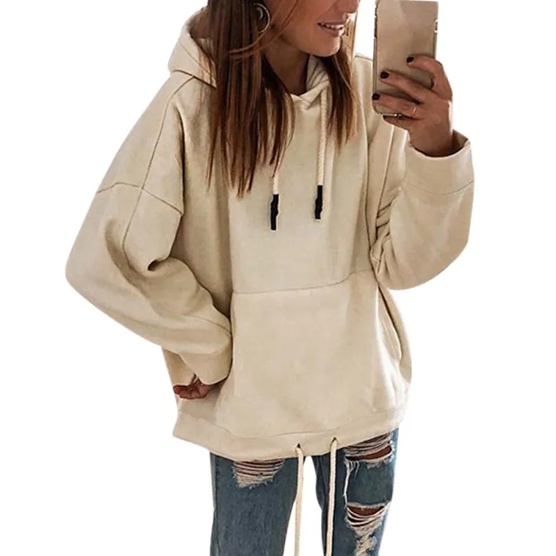 

Новая модная женская толстовка с капюшоном и карманом, одноцветная, с длинным рукавом, повседневная, теплая, зима, осень, свободные топы Y6