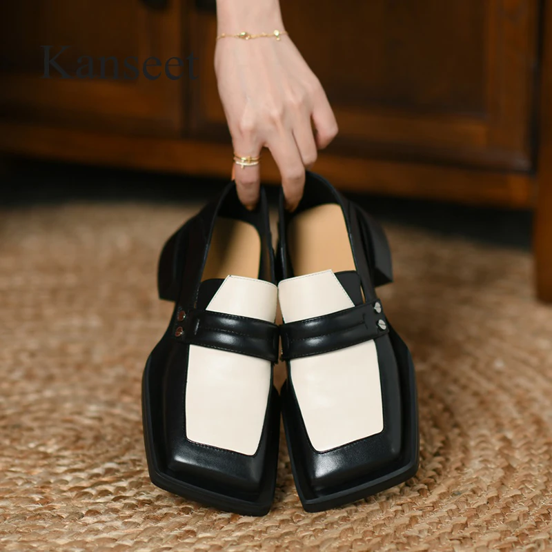 

Kanseet Women Pumps New 2022 Spring Autumn Fashion Square Toe Cow Leather Shoes Mixed Colors Handmade Mid Heels Ladies Footwear