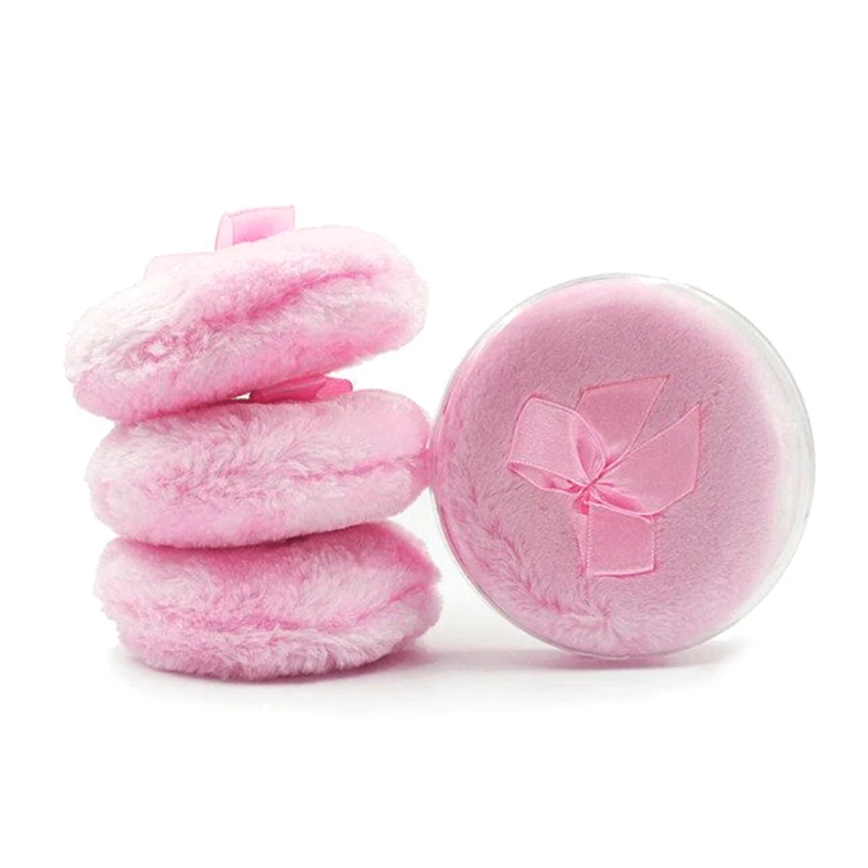 Большая пушистая пуховая пуховка для лица круглая с ленточным бантом и ручкой