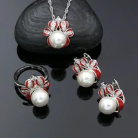 classic enamel jewelry set red reindeer christmas jewelry pearl earring necklace pendant ring gift for woman