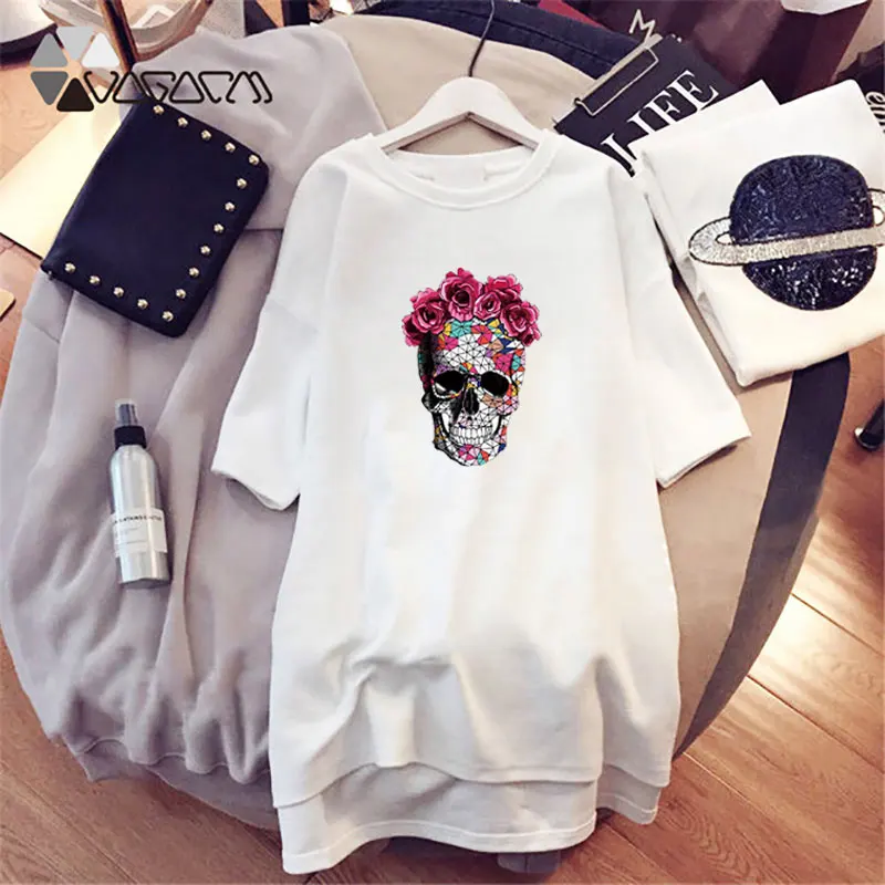 

Skull Print Women Mini Dress Fashion Short Sleeve Plus Size Dresses Loose Casual Black White Pregnant Party Club Vestidos
