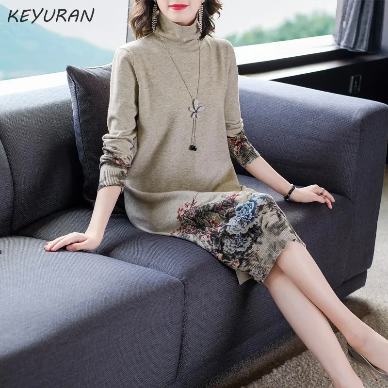 2019 осень зима новый корейский Печатный женский длинный свитер платье свободный