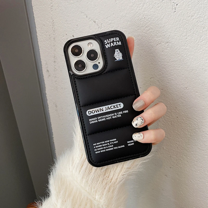 

Cute Bear Winter Down Jacket 3D The Puffer Soft Cloth Phone Case For iPhone 11 12 13 Pro Xs Max X Xr 7 8 Puls SE Back cover