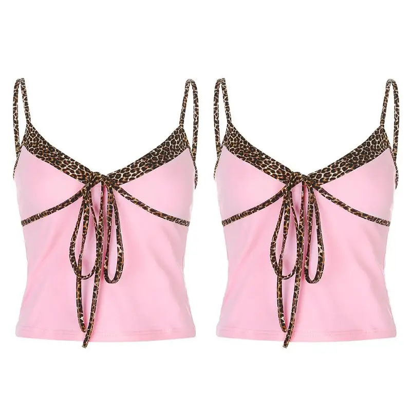 

Women Spaghetti Strap Harajuku Crop Top Irregular Leopard Patchwork Camisole Sexy V-Neck Backless Lace-Up Bandage Pink Sling Ves