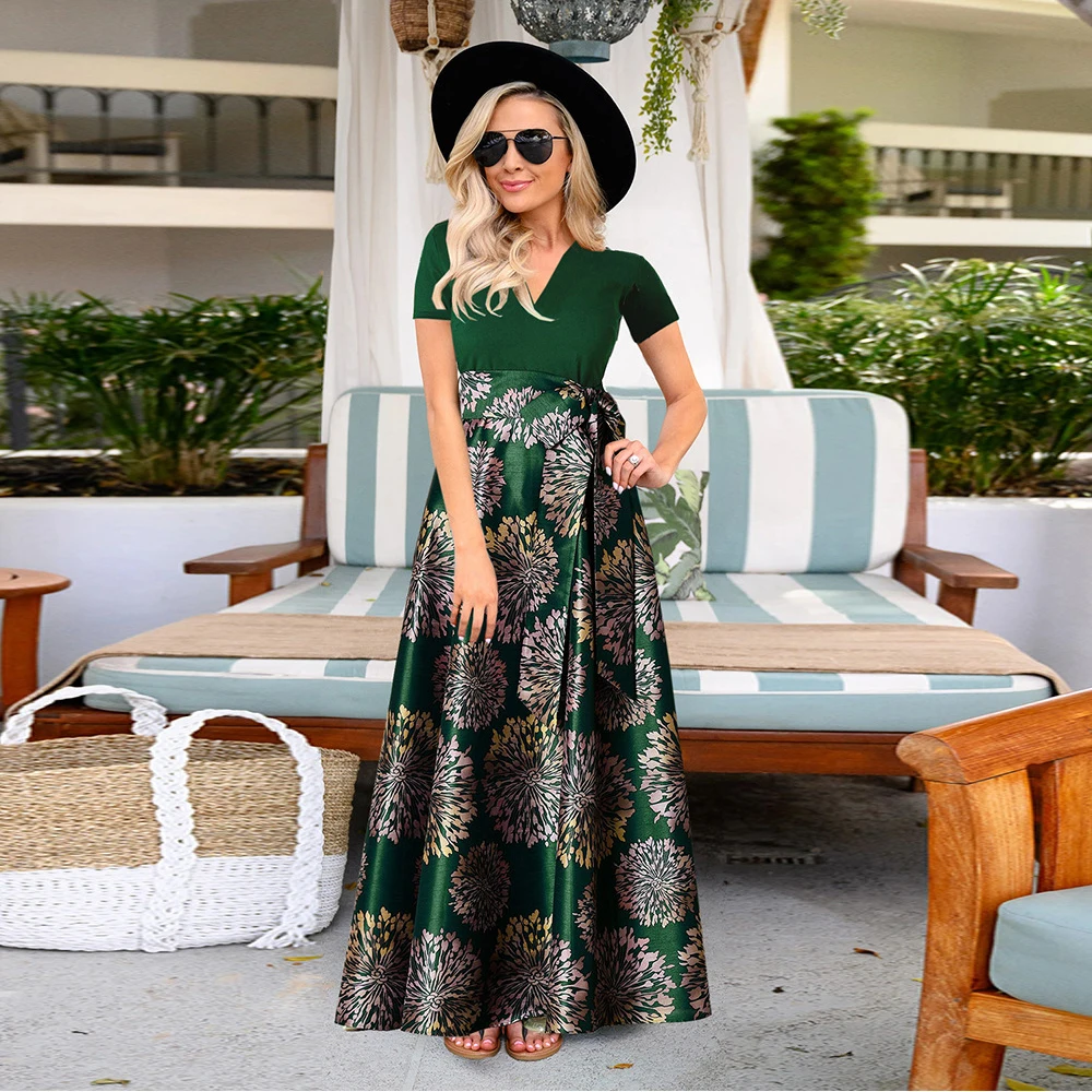 

New V-Neck Women Short-sleeved Summer Polyester Print Dress 3 Colors Black/Green/Purple