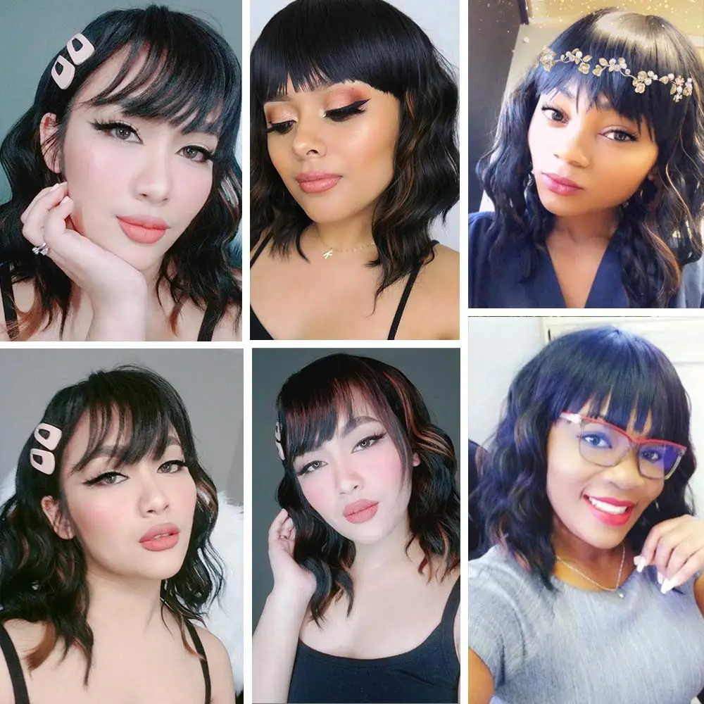 

Short Wavy Wig with Bangs Black Mixed Brown Bob Wavy Synthetic Wig for Women Natural Looking Heat Resistant Fiber Hair