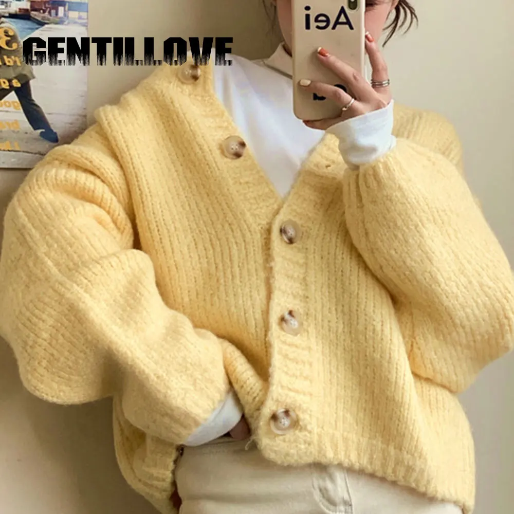 

Однотонный вязаный женский кардиган на осень и зиму, однобортный свитер карамельных цветов с круглым вырезом, винтажные Свободные корейски...