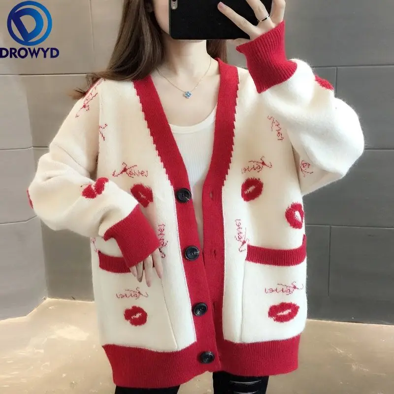 

Korean Casual Ladies Cardigan Sweater Spring 2021 New Women's Retro Knit Jacket Loose Autumn Trends Red Lips Printed Coat Top