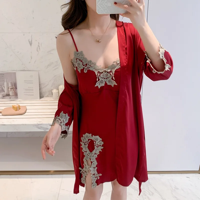 

Bride Bridesmaid Wedding Robe Set Female Sleepwear Nightgown Pink Loose Casual Nightwear Sexy Lace Home Dressing Gown