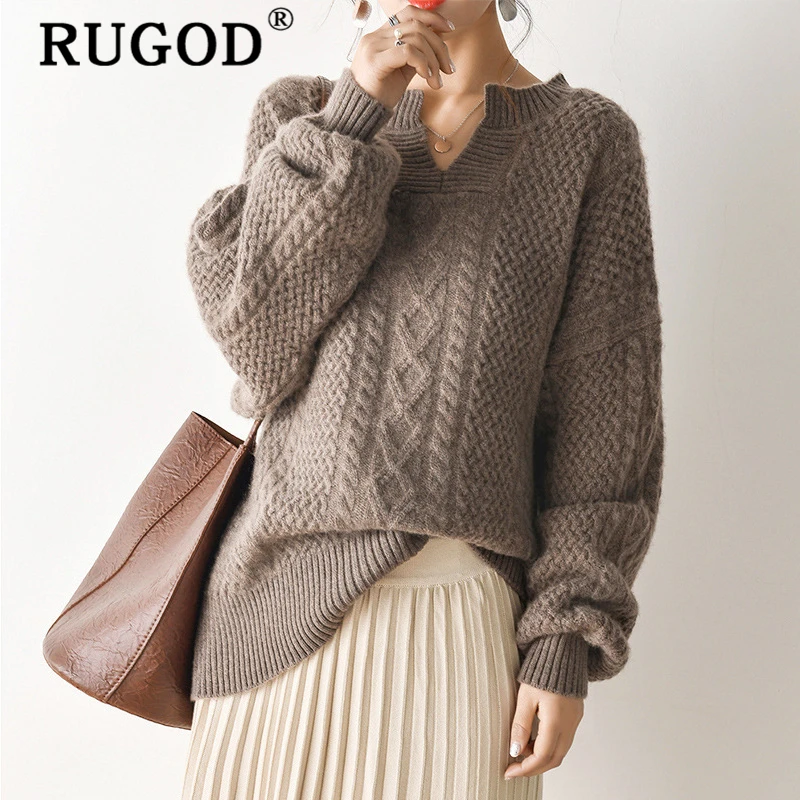 Женский свитер с v-образным вырезом RUGOD корейский теплый пуловер витой вставкой