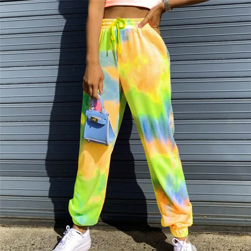 

Neon Tie-dye Joggers High Waist Long Baggy Pants Women Sweatpants Loose Trousers 2020 Summer Lace Up Pants Streetwear Clothes Up