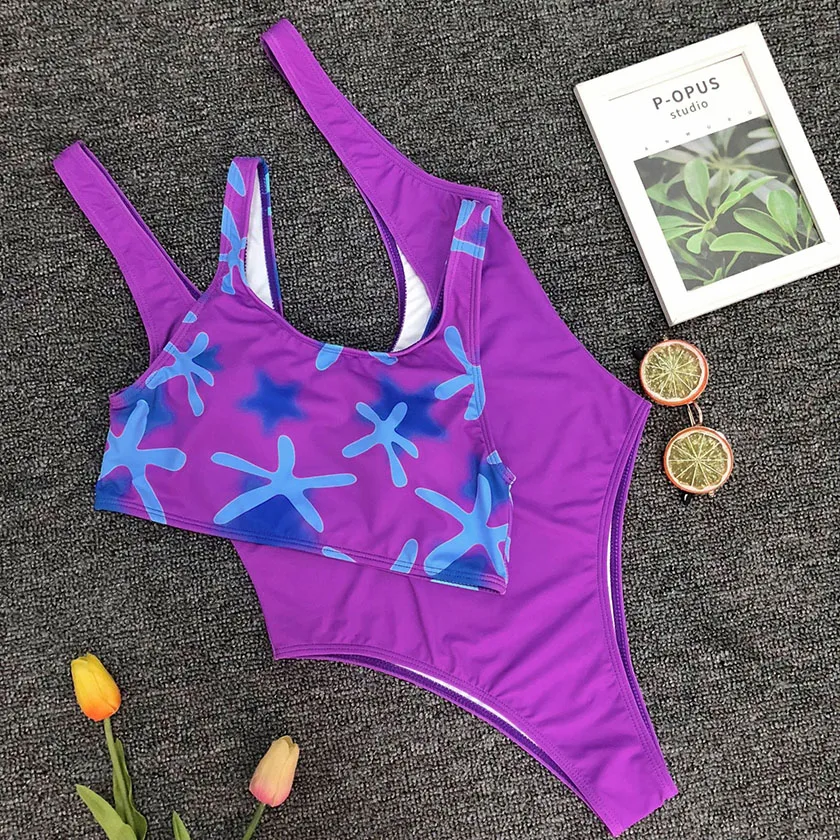 Винтажный Цельный купальник с принтом бикини топом 2019 купальный костюм высокой