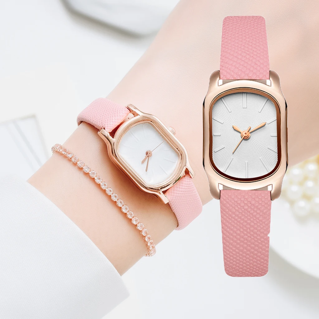 

Fashion Women Leather Sports Watch Luxury 2 PCS /Set With Bracelet Rose Rhinestone Dress Quartz Clock Ladies Wrist Watch Gift