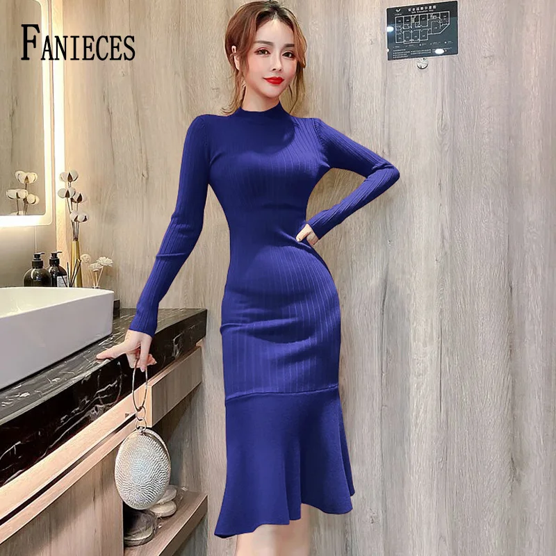 

2021 Bodycon Knitted Dress Women Stretchy Long Sleeve Solid Basic Slim Midi Winter Dresses Female Casual Party vestido de mujer