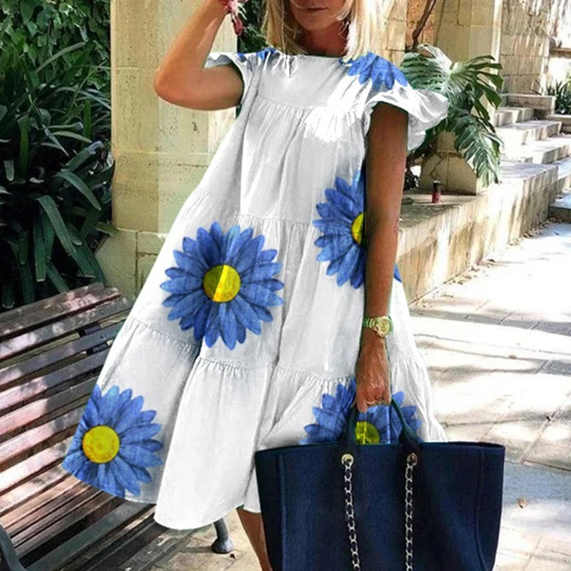 Повседневное свободное платье трапеция в стиле ретро с коротким рукавом и