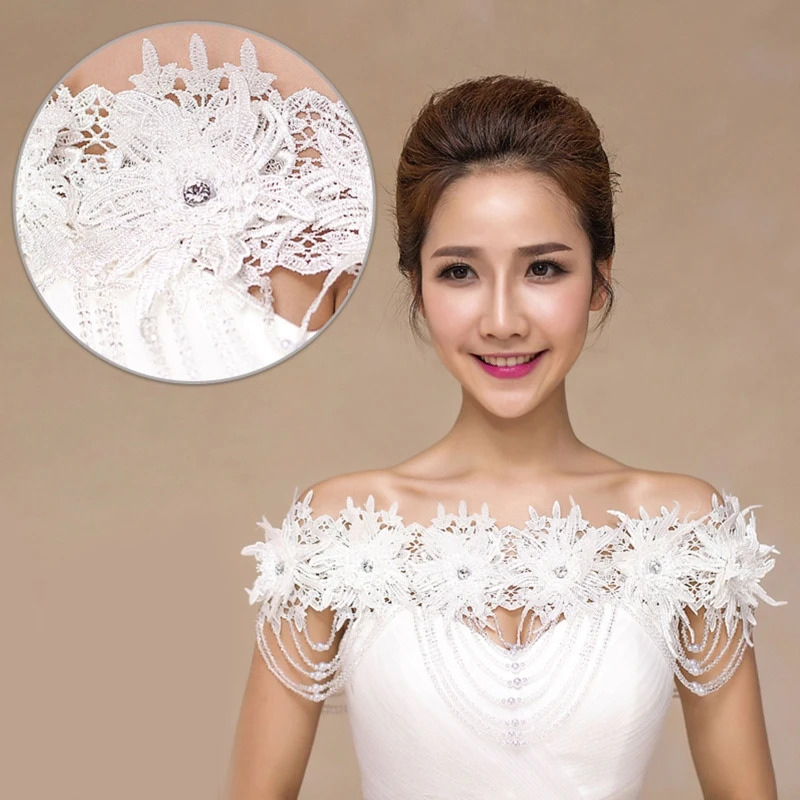 

Women Wedding Off Shoulder Shawl Wrap Floral Appliques Pearl Beading Tassel Decorative Shrug Bridal Prom Dress Accessory