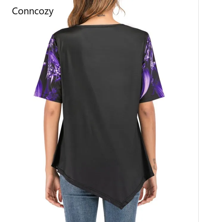 Винтажные черные фиолетовые футболки с цветочным принтом повседневные летние