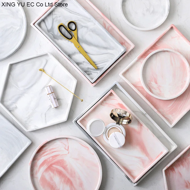 

10 Inch Marble Gray Round Tray Home Tea Tray Pink Storage Tray Decoration Creative Nordic 11 Inch Rectangular Tray Tableware