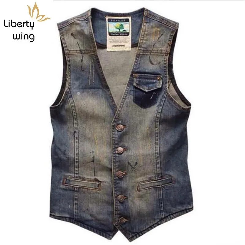 

Plus Size 4XL Denim Causal Vest Slim Fit Sleeveless Jeans Jacke V Neck Vantage Vests Waistcoats Motorcycle Single Breasted Coats